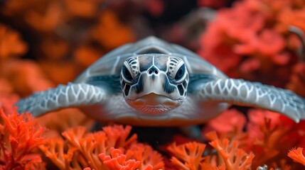  A photo of a sea turtle with corals in both the foreground and background, taken from a close-up perspective