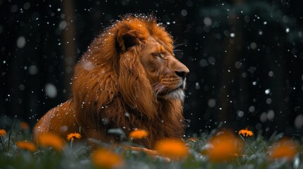  A close-up of a lion resting amidst a field of flowers, as snowflakes fall softly in the distance and tall trees frame the scene
