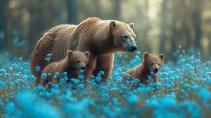 Foto op Aluminium  A mother bear with her two cubs strolls through a field of blue wildflowers before the forest © Jevjenijs
