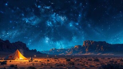 Men sitting in the desert at night, blue starry sky. burning fire and camp tent