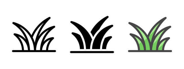 Multipurpose grass vector icon in outline, glyph, filled outline style. Three icon style variants in one pack.