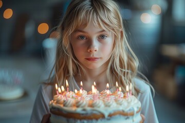 A serene blonde girl holding a birthday cake with pink frosting and lit candles