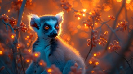  A close-up of a lemur on a tree, with lights in the background and flowers in the foreground, beautifully captures its grace and beauty - obrazy, fototapety, plakaty
