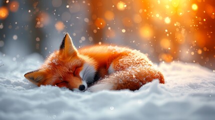  A fox, sleeping under snow with eyes closed and head back - obrazy, fototapety, plakaty