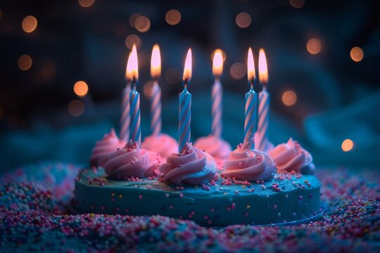 The image showcases a beautifully crafted blue birthday cake with candles that emit a soft, enchanting glow