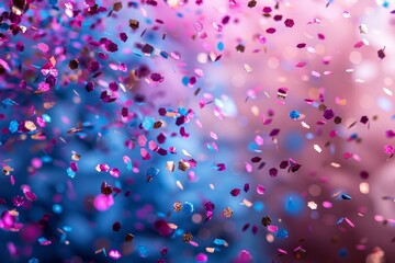 A festive atmosphere is created by sparkling confetti with a shallow depth of field in shades of pink and blue