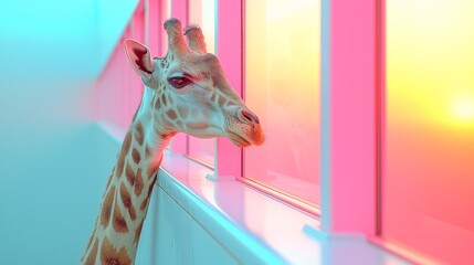 A giraffe at a window, against a pink-blue wall backdrop