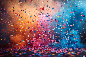 A high-energy scene is captured with colorful confetti pieces energetically tossed in the air against a blurred backdrop - obrazy, fototapety, plakaty