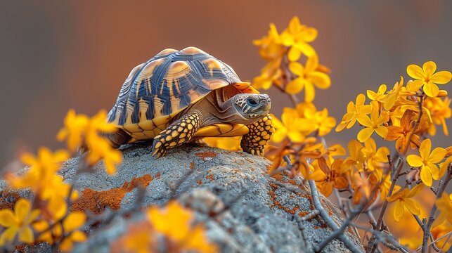  A tiny turtle perched atop a rock beside a bush adorned with blooming yellow flowers