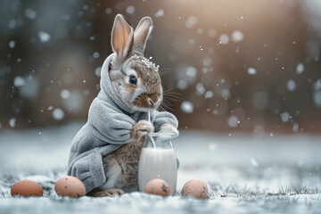 easter baby bunny drinking milk with eggs