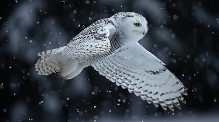  A snowy owl, its wings spread wide and eyes wide open, glides gracefully through the air