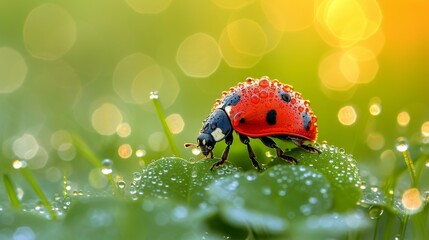  A ladybug perched on a green leaf, drenched in raindrops