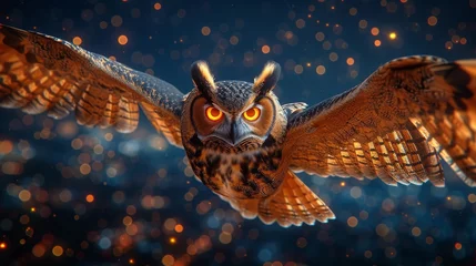 Foto op Plexiglas  A close-up shot of an owl soaring in the air, wings fully spread, with a radiant yellow background © Jevjenijs