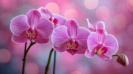  A collection of vibrant pink blossoms resting atop a table near a dual-colored wall with an out-of-focus backdrop
