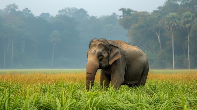  An image of an elephant surrounded by tall grass, with trees in the distance and a hazy sky in the background