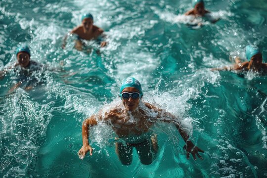 A group of competitive swimmers in action, racing in a pool with focus and determination