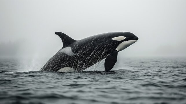  Black and white orca in foggy photo, leaping out of water