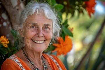 Woman with white hair is smiling and wearing orange shirt