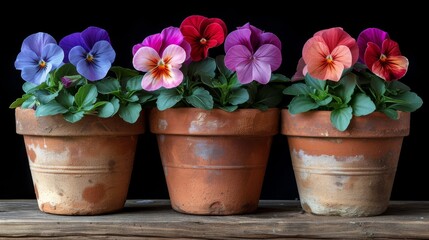  A black wooden table holds a cluster of flower pots against a dark backdrop