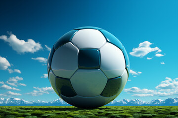 Fototapeta premium Soccer ball on green grass with blue sky and clouds background.
