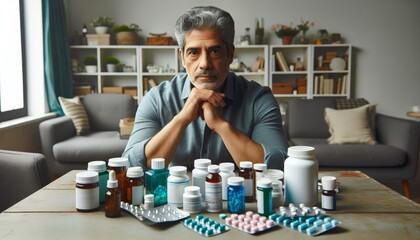 Ein älterer Mann sitzt vor seinen Medikamenten, die auf dem Tisch ausgebreitet sind. - obrazy, fototapety, plakaty