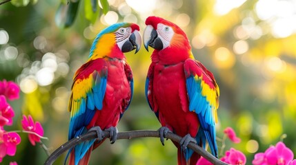  Two parrots, bright colors, branch with pink flowers, blurry tree background