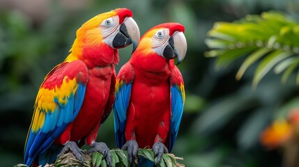  Two colorful parrots perched atop a palm tree amidst lush greenery
