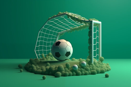 Soccer ball in the goal. 3D illustration. Green background.