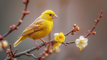  A bird perched on tree branches surrounded by white and yellow blossoms against a gray backdrop