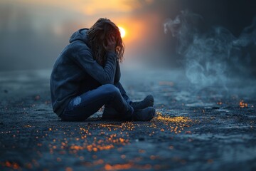 An emotionally charged image of a woman in distress surrounded by the dramatic contrast of darkness and fiery sparks