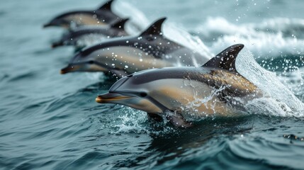  A pod of dolphins frolicking in a watery expanse, caught in shimmering waves above their streamlined forms