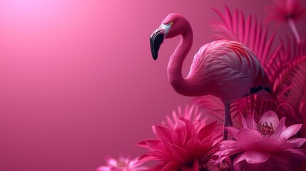  A pink flamingo on a pink background with pink flowers and palm fronds in the foreground