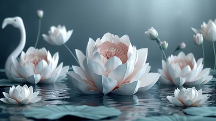 Foto op Canvas  A photo captures a group of white water lilies bobbing on a calm water surface while a majestic swan glides nearby © Jevjenijs
