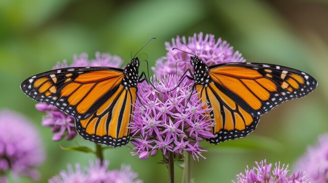  A pair of Monarch butterflies perched on a purple flower with numerous green and purple blossoms nearby