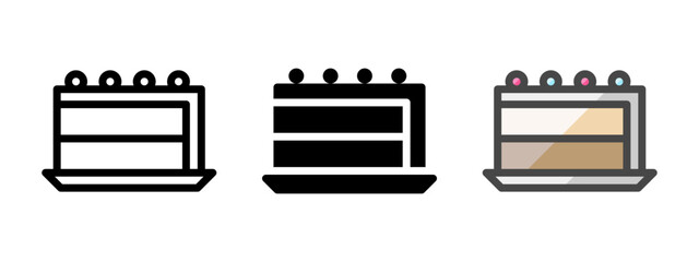 Multipurpose cake slice vector icon in outline, glyph, filled outline style. Three icon style variants in one pack.