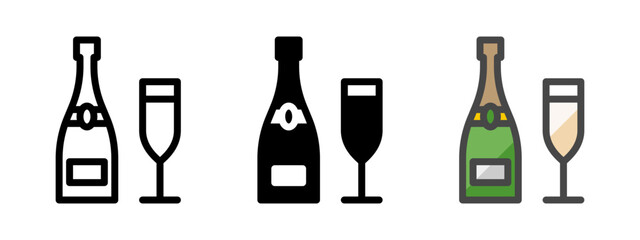 Multipurpose champagne vector icon in outline, glyph, filled outline style. Three icon style variants in one pack.
