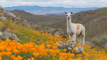 Fototapeta premium A llama in a meadow amidst wildflowers against a mountainous backdrop