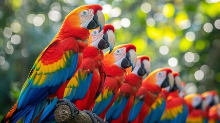  Colorful parrots on tree branches, against green background