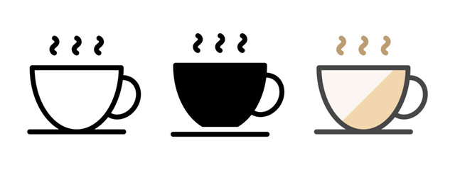 Multipurpose hot coffee vector icon in outline, glyph, filled outline style. Three icon style variants in one pack.