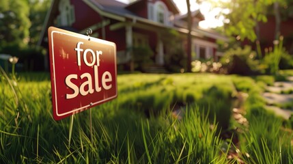 Inviting suburban home for sale during sunset with a vibrant red sign on the lawn, golden hour real estate opportunity - AI generated