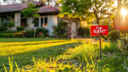 Inviting suburban home for sale during sunset with a vibrant red sign on the lawn, golden hour real estate opportunity - AI generated
