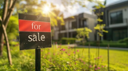 Inviting suburban home for sale during sunset with a vibrant red sign on the lawn, golden hour real estate opportunity - AI generated