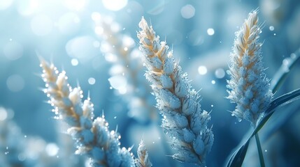  A picture of a snow-covered plant, showing the leaves and stems with snowflakes - obrazy, fototapety, plakaty