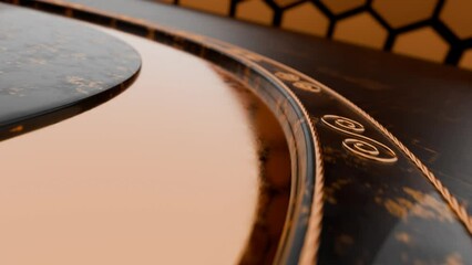 Opening screen for your awards ceremony. Free space on video for text. Appearance of a prize, an award in the form of a star. Camera movement with horizontal rotation towards the golden award.