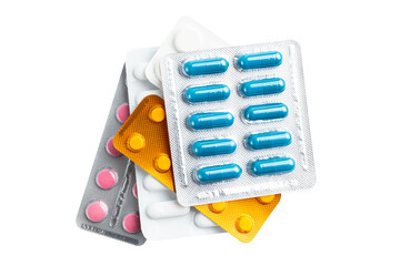 Various medicine capsules, pills and tablets in a blister pack isolated on transparent background,...