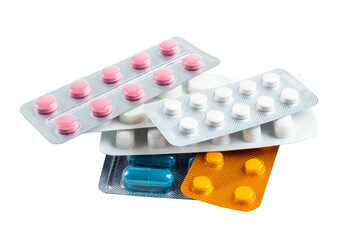 Various medicine capsules, pills and tablets in a blister pack isolated on transparent background, healthcare and medicine concept