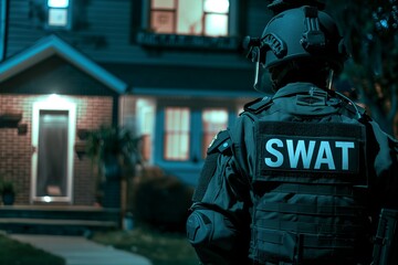 Swat team officers standing in front of a house door - obrazy, fototapety, plakaty
