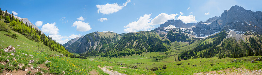 stunning spring landscape panorama with green pasture, Eng  Alps tyrol, austria