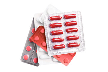 Various medicine capsules, pills and tablets in a blister pack isolated on transparent background,...
