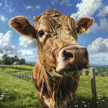 Beautiful Rustic Depiction of Jersey Cow Grazing in Traditional Countryside Farm